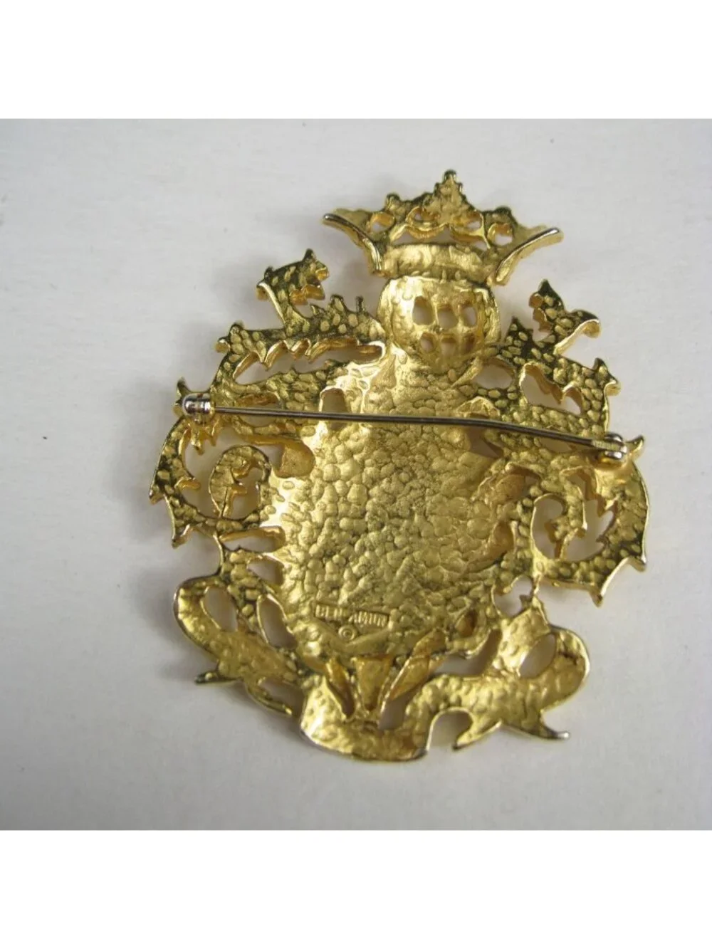 Vintage Ben Amun Gold Tone Brooch Pin Victoria Crown Arms Shield Statement